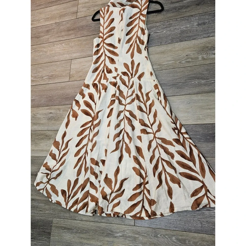 Kariella Women Small Brown Cream Leaf Print Sleeveless Button Front Midi Dress